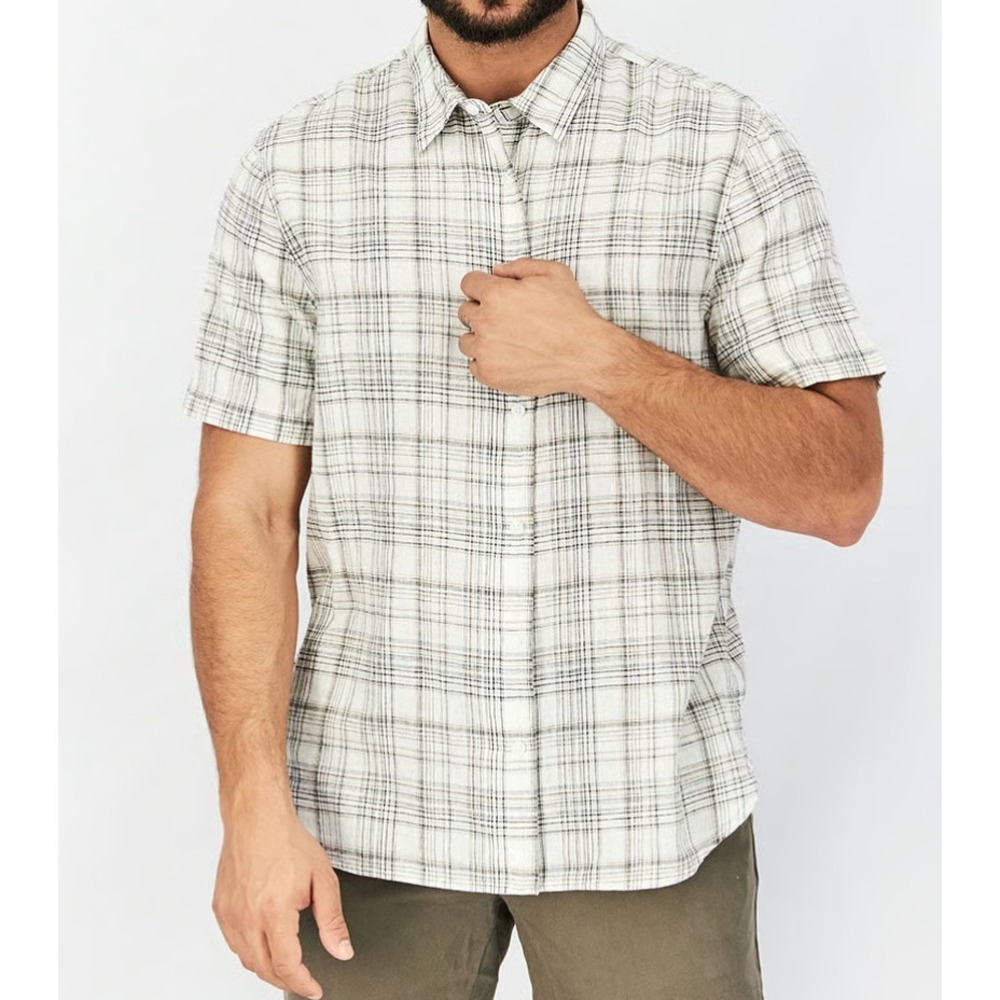 Vince Linen Blend Shirt in White Brown Black Plaid Men XL Classic Fit NWOT $185